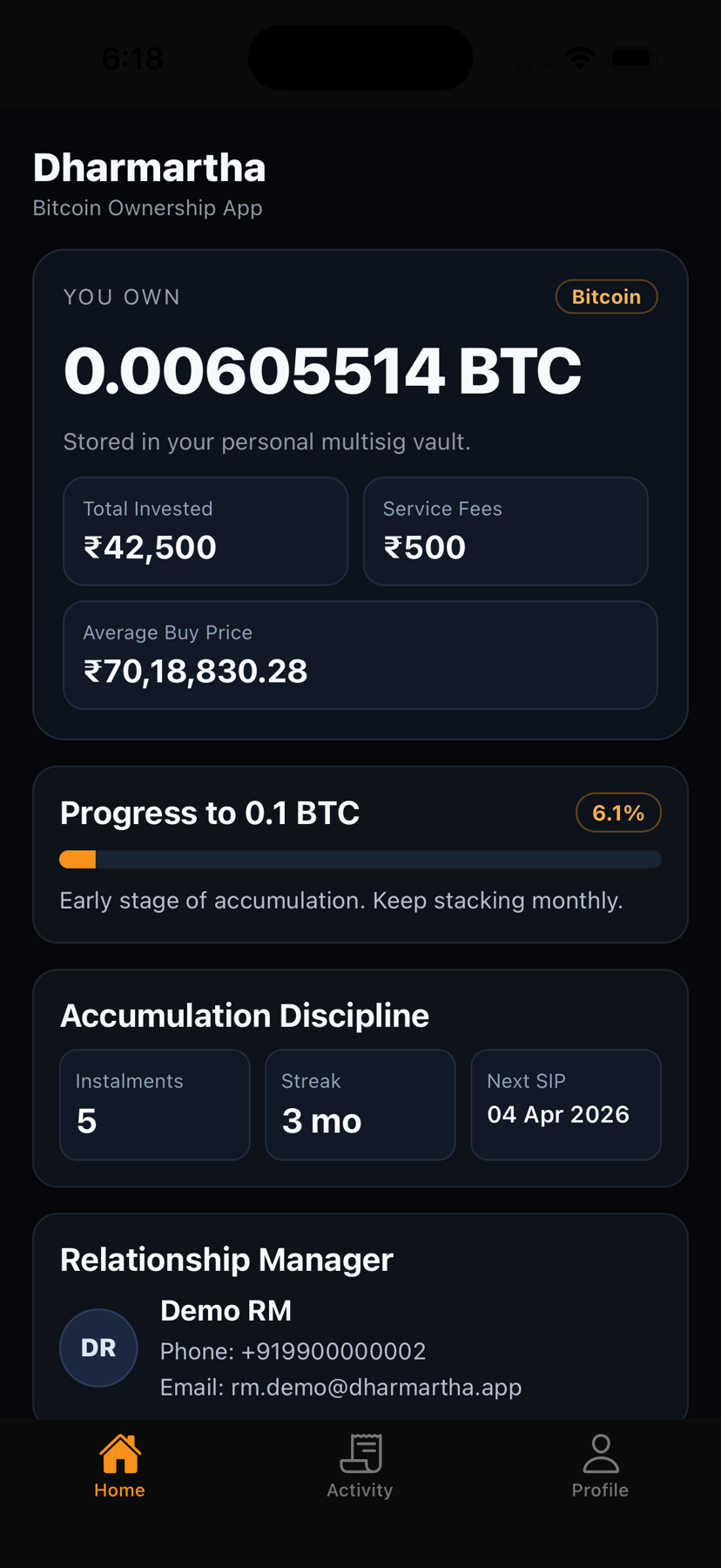 Dharmartha app dashboard showing Bitcoin balance, invested amount, progress, and relationship manager details.